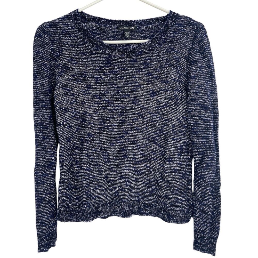 EILEEN FISHER Sweater Top Blue Black Marbled Knit Long Sleeve Linen blend Small